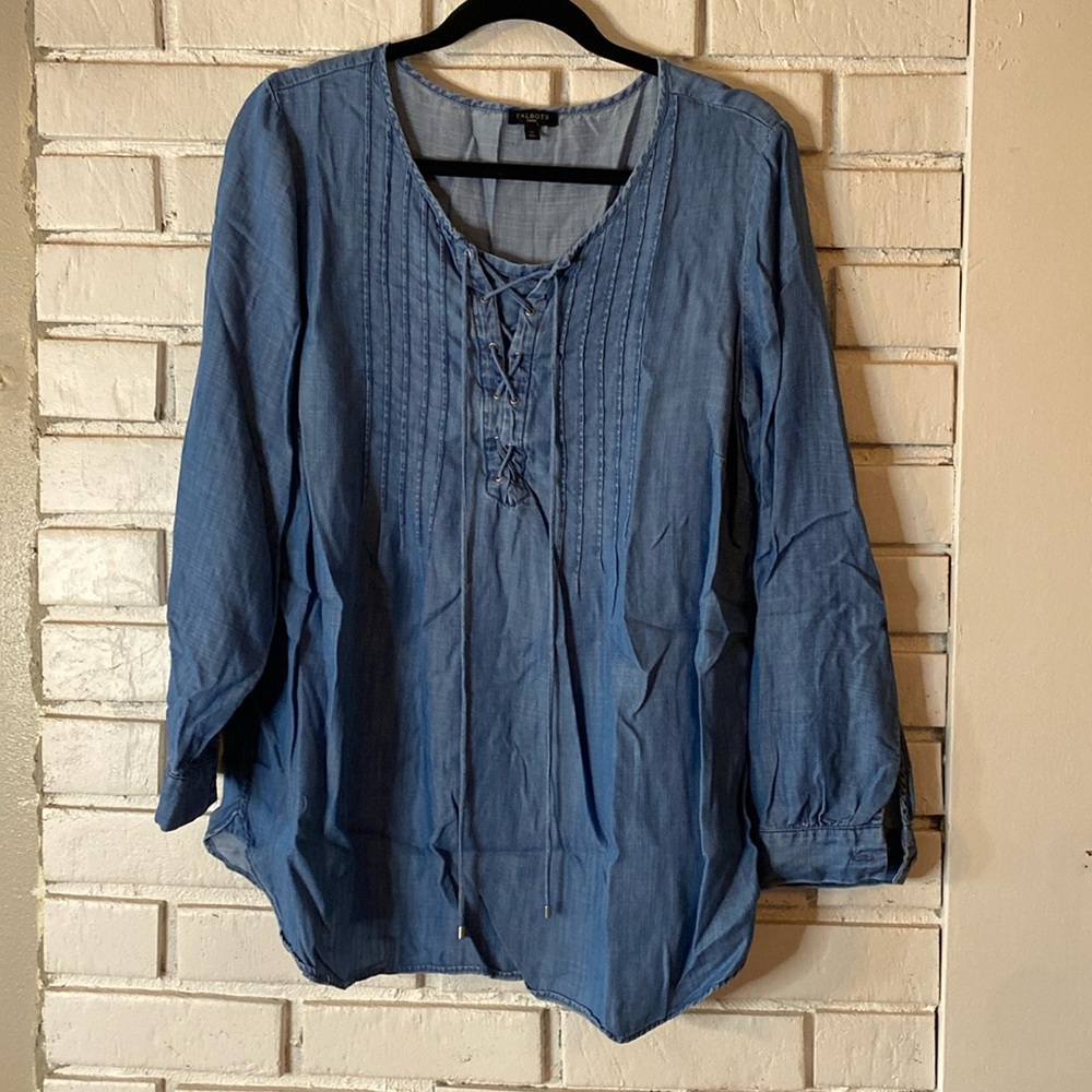 Talbots Tencel lace front pintuck shirt